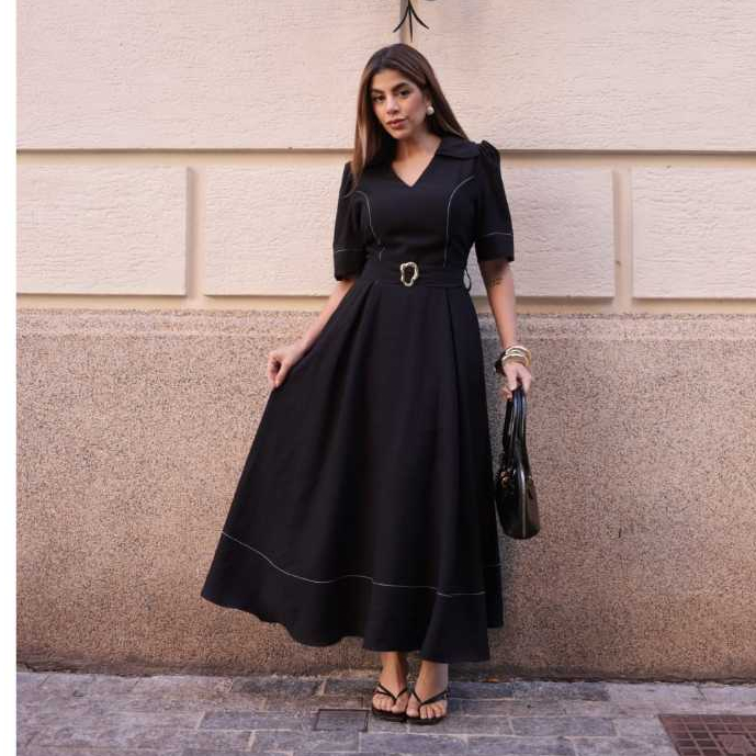 Vestido Midi com Decote em V Gola Esportiva Manga 3/4 e Detalhe de Cinto em Fivela - Tendencia 2025 em Oferta na Shopee