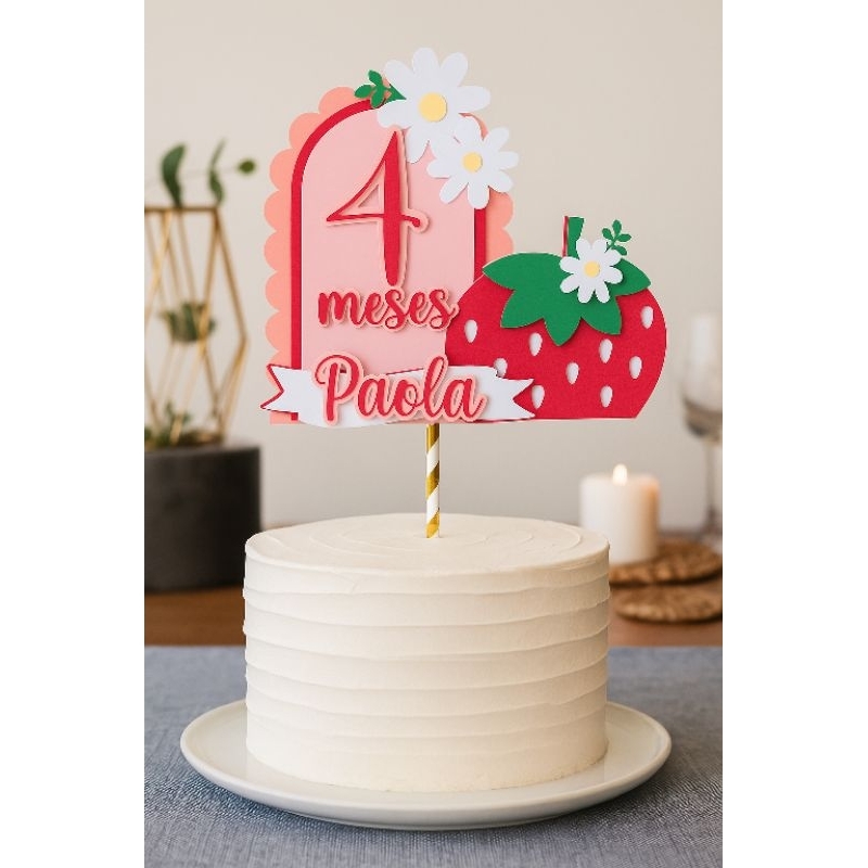 ENVIO IMEDIATO Topo de Bolo personalizado Moranguinho do amor com flores para Aniversários e Mesversarios