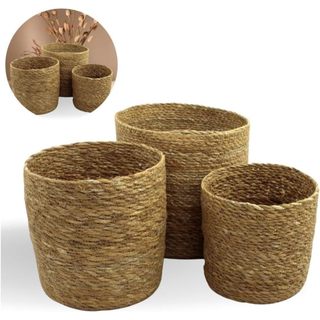 Conjunto 3 Cestos Cachepo Rustico Decoração Palha Natural Algas Marinhas