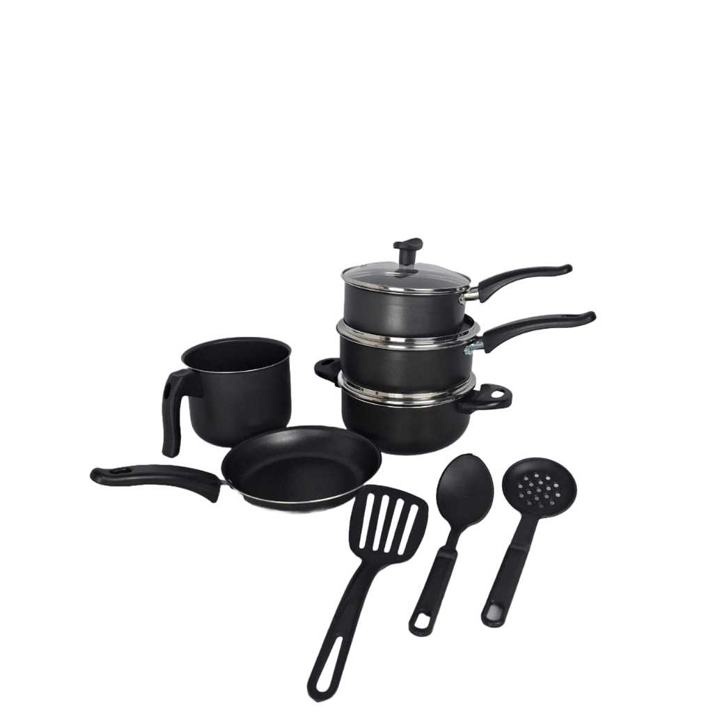 Conjunto Panela 8 Peças Preto 3 Panelas 1 Frigideira 1 Canecão 3 Colheres Antiaderente Cozinha