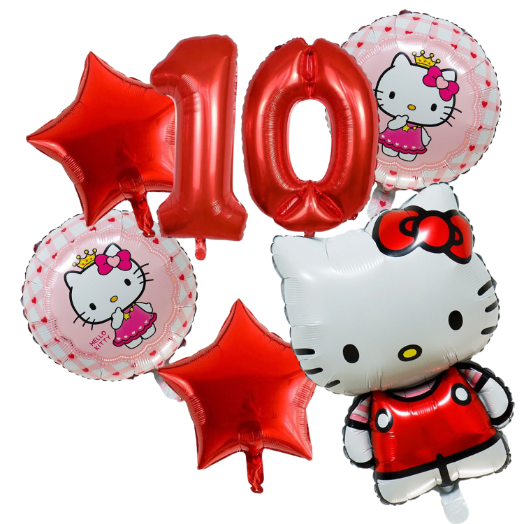 Kit 6 Balão Hello Kitty Vermelha + 2 Balão Redondo+ 2 Estrela Metalizados + 1 Número em Oferta na Shopee