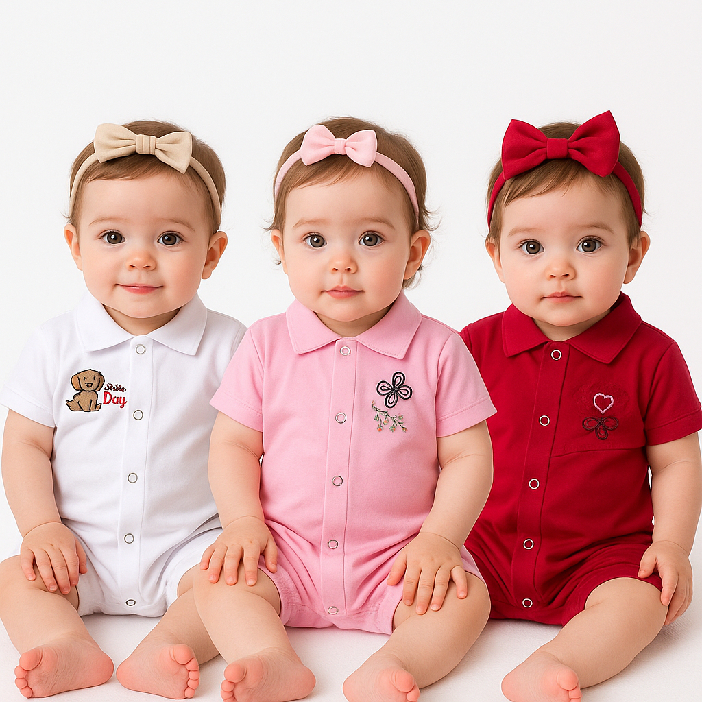 Kit 3 Macacões Curtos Infantil Bebê Menina Básico e Super Confortável