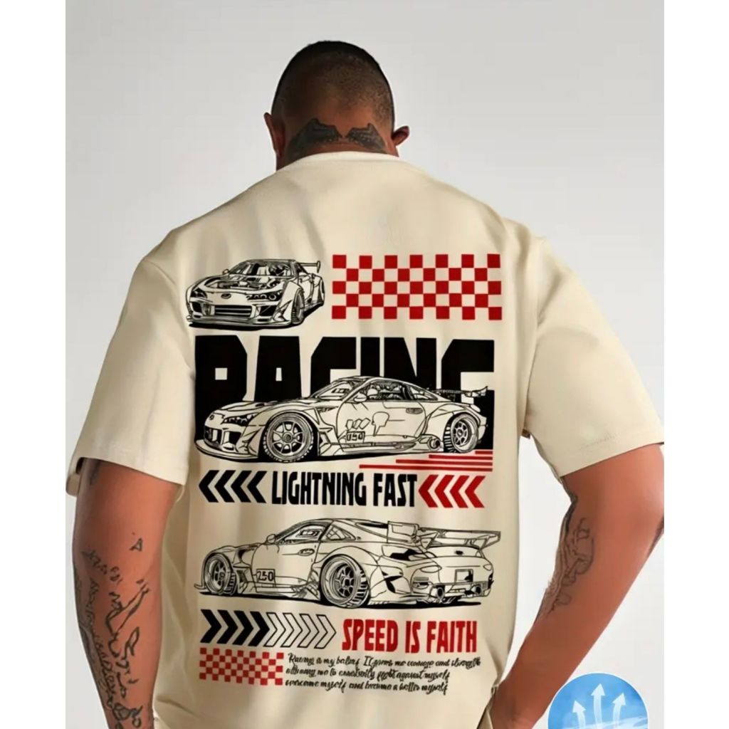 Camiseta Oversized Masculina Corrida Carros 100% Algodão Dia a Dia Verão Casual
