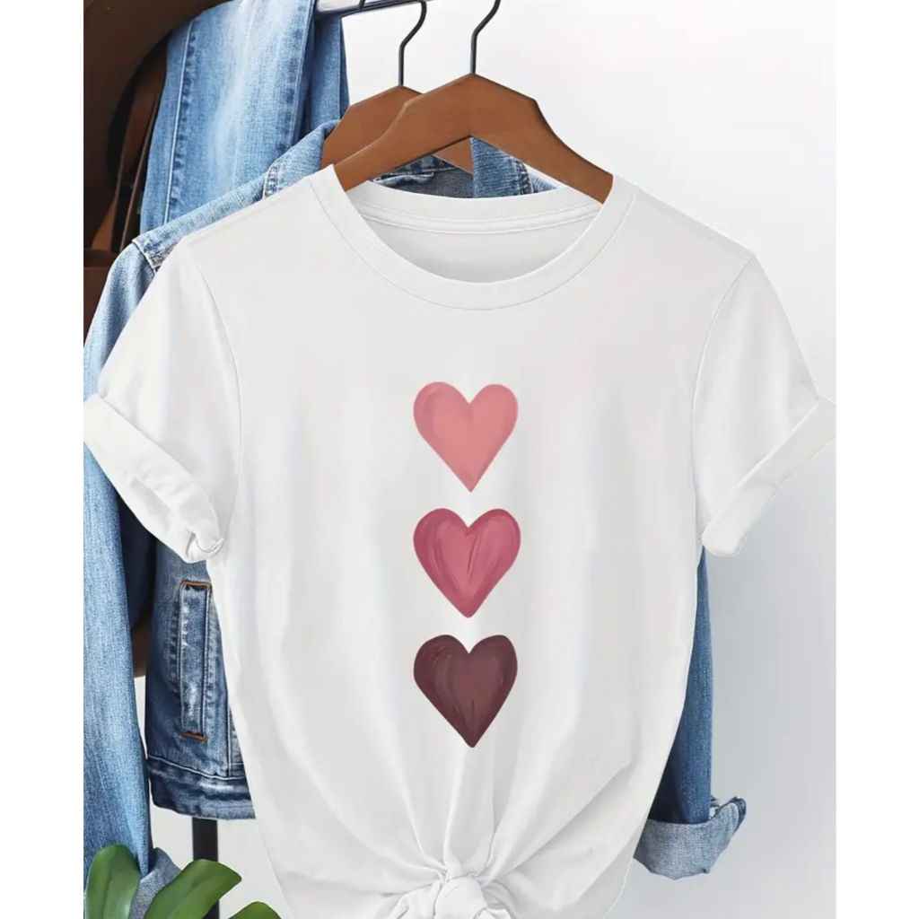 Camiseta Feminina Coração Fofa 100% Algodão Dia A Dia Verão Casual