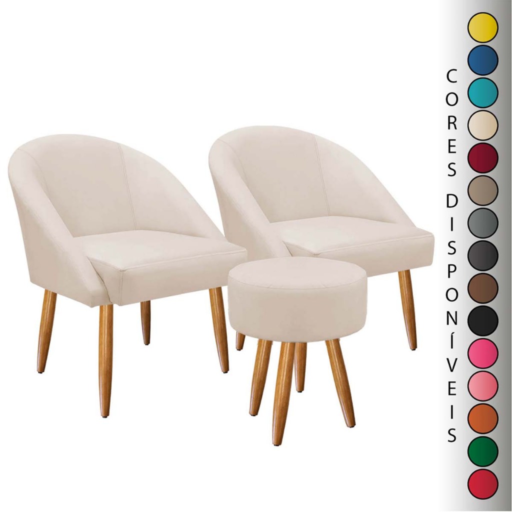 Kit 02 Poltronas Lua e 01 Puff Redondo para Sala Decorativa Pés Palito Suede Aninha Decor