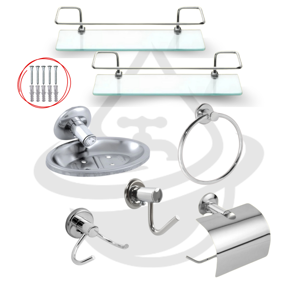 Kit Acessórios Slim Banheiro Inox Cromado 5 Peças + 2 Porta Shampoo Vidro Reto Incolor Organizador