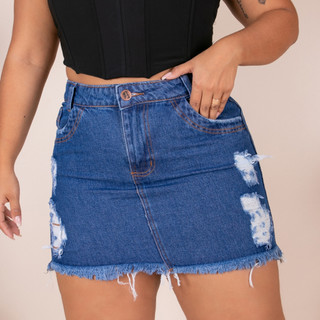 Saia Jeans Plus Size Cintura Alta Rasgada Barra Desfiada
