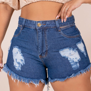 Short Jeans Plus Size Cintura Alta Barra Desfiada Rasgado Vazado