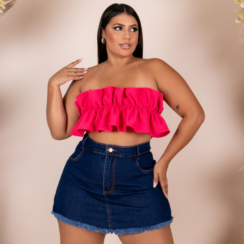 Short Saia Plus Size Jeans Cintura Alta Barra Desfiada Com Lycra em Oferta na Shopee