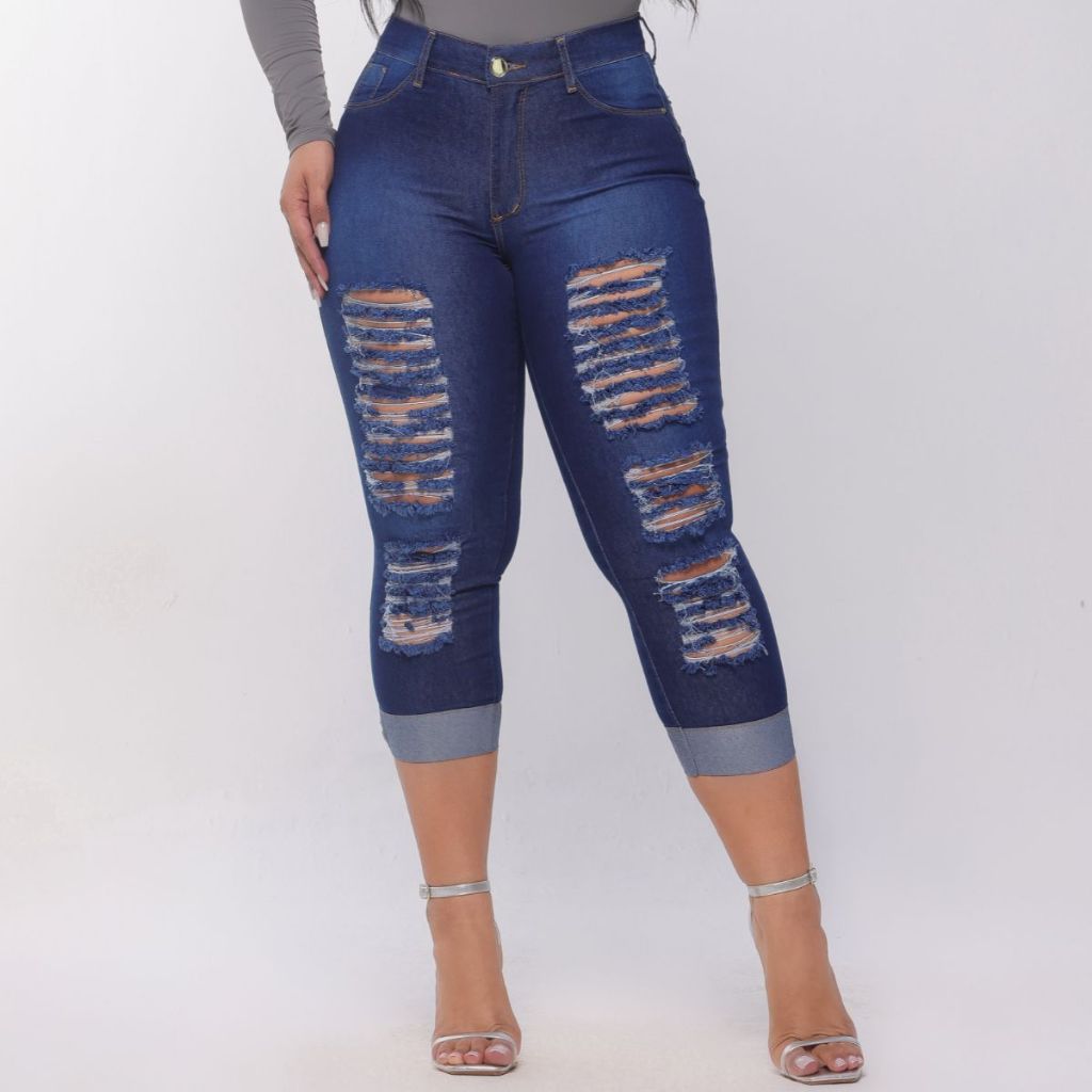 Calça Capri Jeans Feminina Rasgada Com Lycra Empina Bumbum