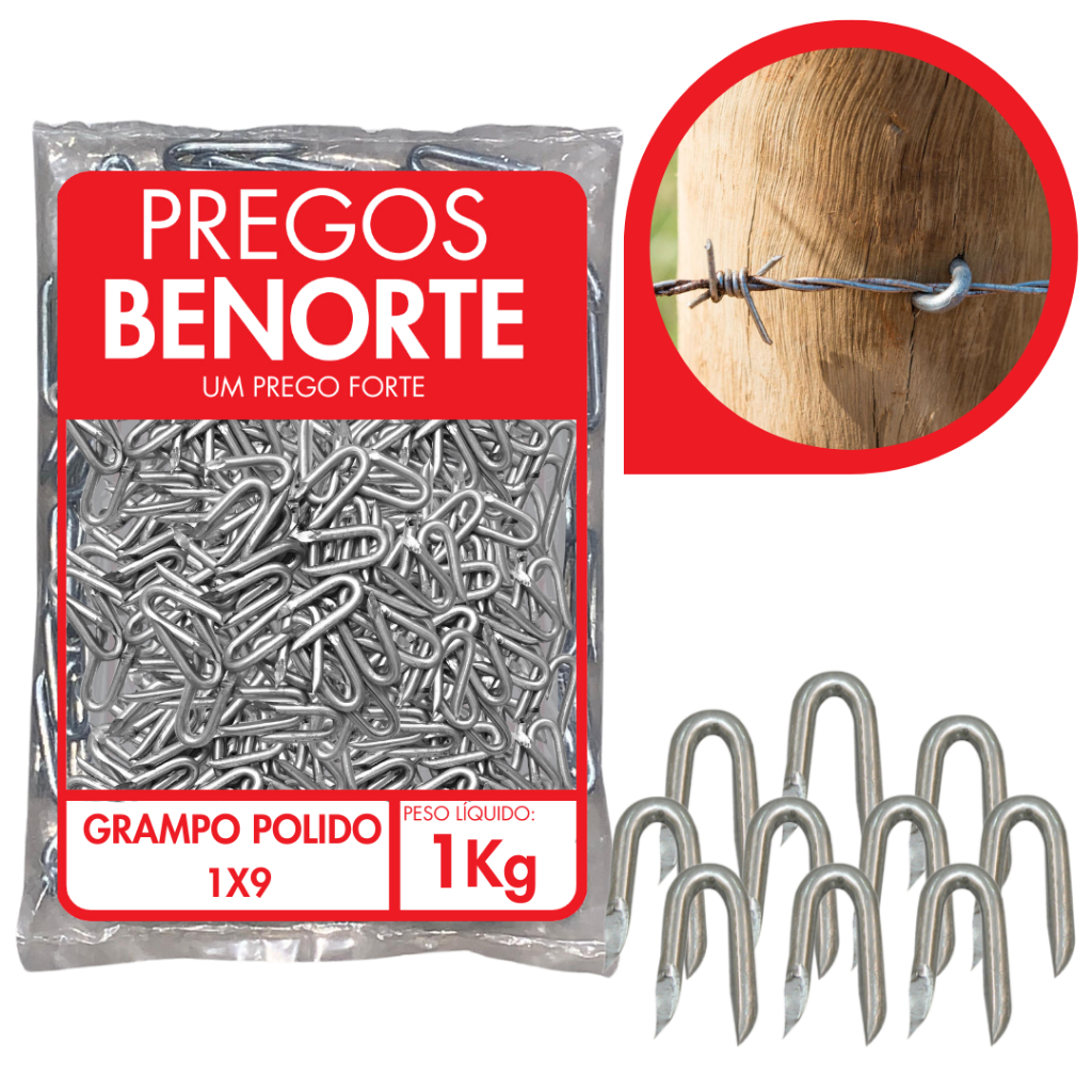 1KG Grampo Para Cerca Arame Farpado Liso Aroeira 1x9 Aço Polido Resistente 200 Unidades Benorte