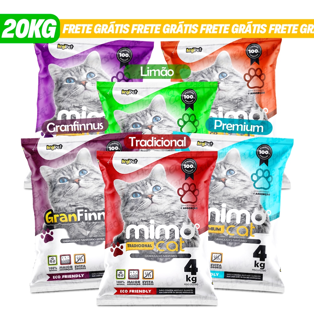 Kit 5 Granulado de Argila Higiênica de Gato Areia Forma Torrões Absorvente e Perfumado Mimocat 20KG