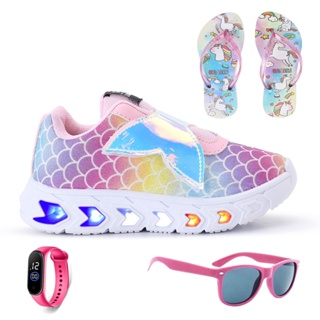 Kit Tênis Infantil De Led Sereia Luzinha Menina + Chinelo + Óculos + Relógio Barato Macio Confortável em Oferta na Shopee