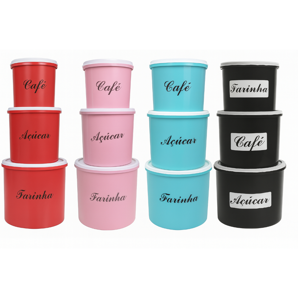 Kit Trio Porta Mantimentos Farinha Açúcar e Café - Jogo de Potes P Alimentos