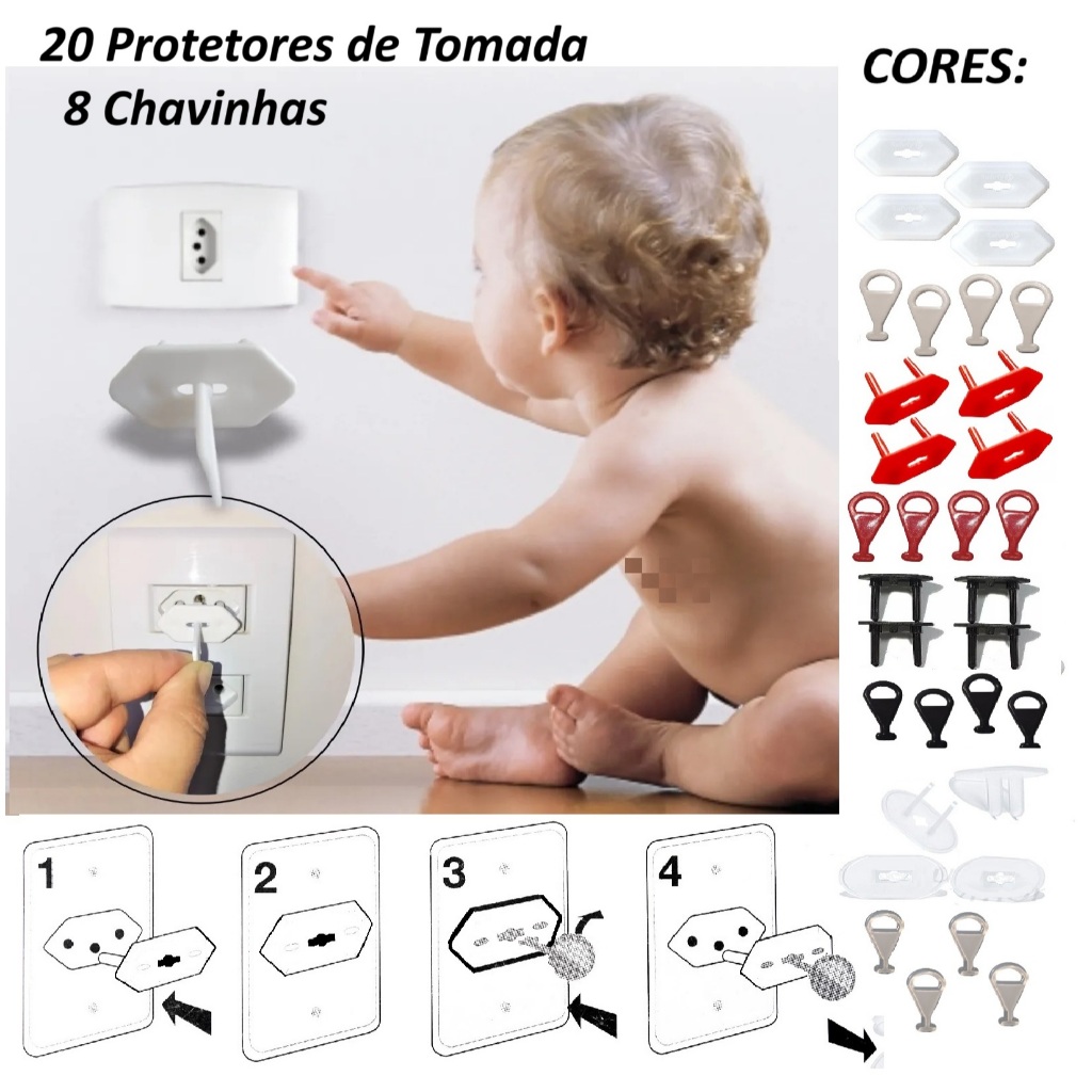 20 Protetores de Tomada e 8 Chaves - Segurança Bebê em Oferta na Shopee