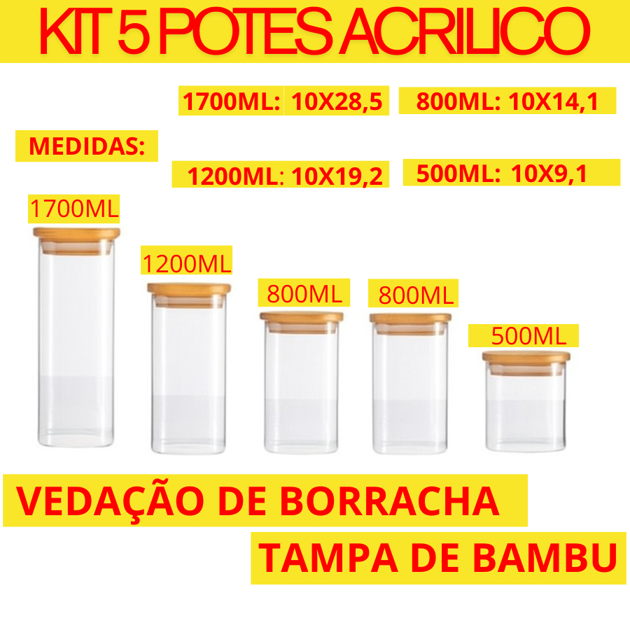 Kit 5 Potes De Plástico 4 Tamanhos 1700ML 1200ML 800ML E 500ML Tampa De Bambu Para Organização