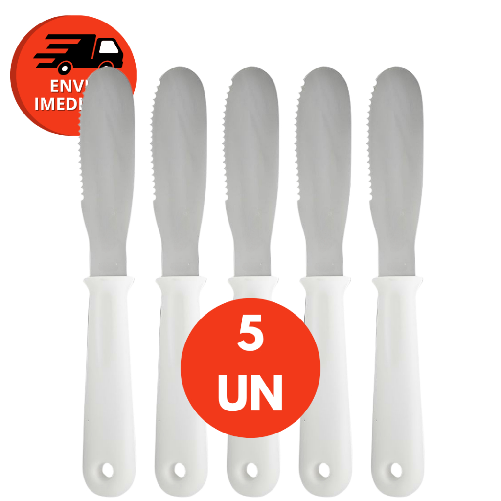 Kit Espátula Passador Manteiga Patê Pão Torrada Serra Inox Cabo Branco Corta E Passa C/2, 3 Ou 5Un
