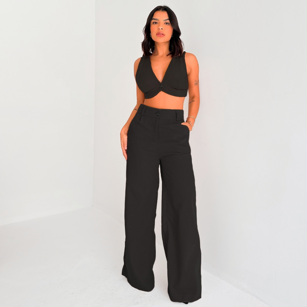 Conjunto Feminino Linho Top Alças e Calça Pantalona Verão Fluida Leve Fresca para o Dia a Dia em Oferta na Shopee