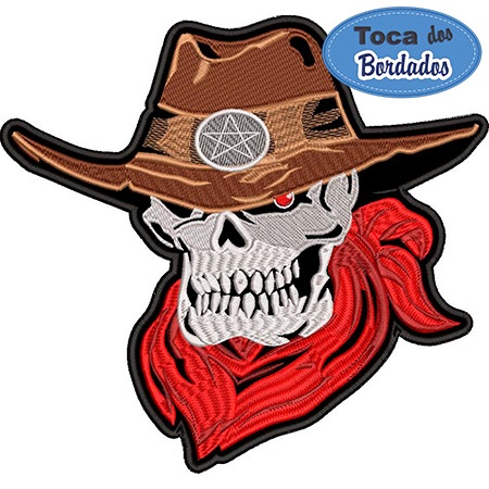 Patch Bordado Cowboy Skull 23x25 cm Cód.1517 - Fixação Costura- Caveira c/ chapéu