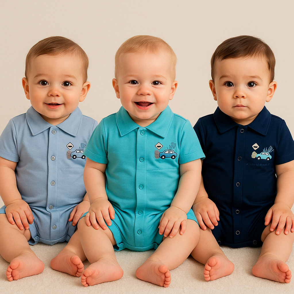 Kit 3 Macacões Curtos Infantil Bebê Menino Básico e Super Confortável