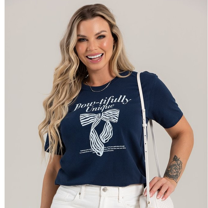Camiseta Feminina Básica Azul Marinho Laço Unique