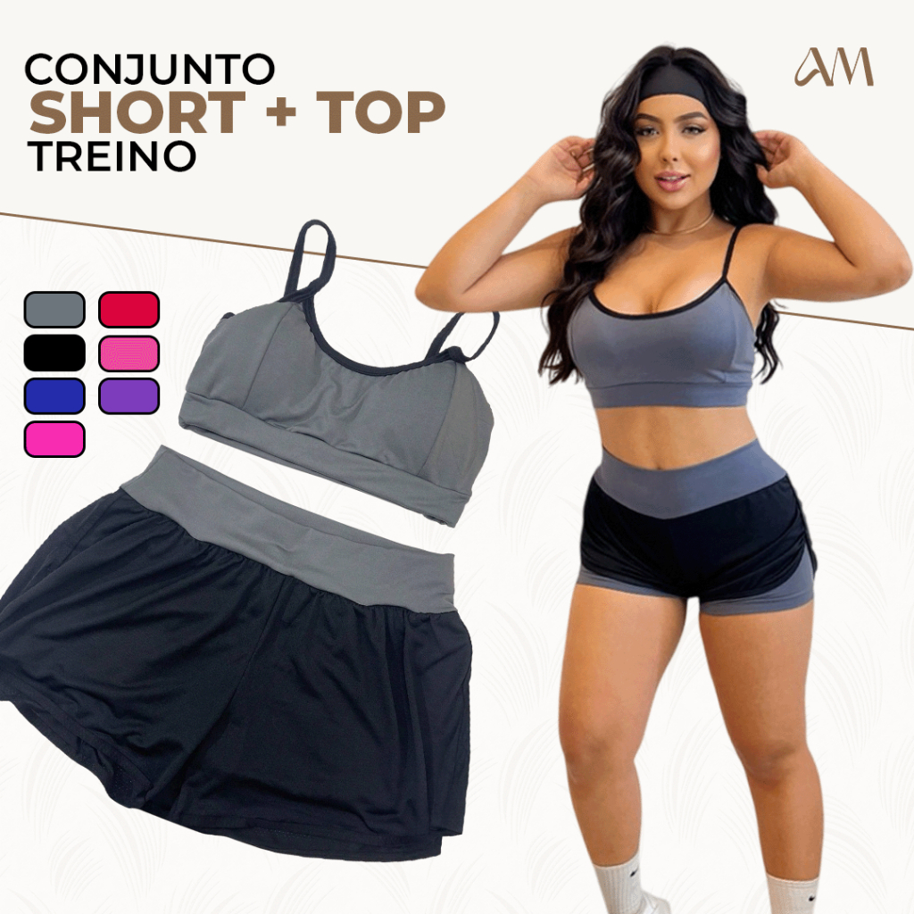Conjunto Shorts Duplo e Top com Bojo Fitness Academia