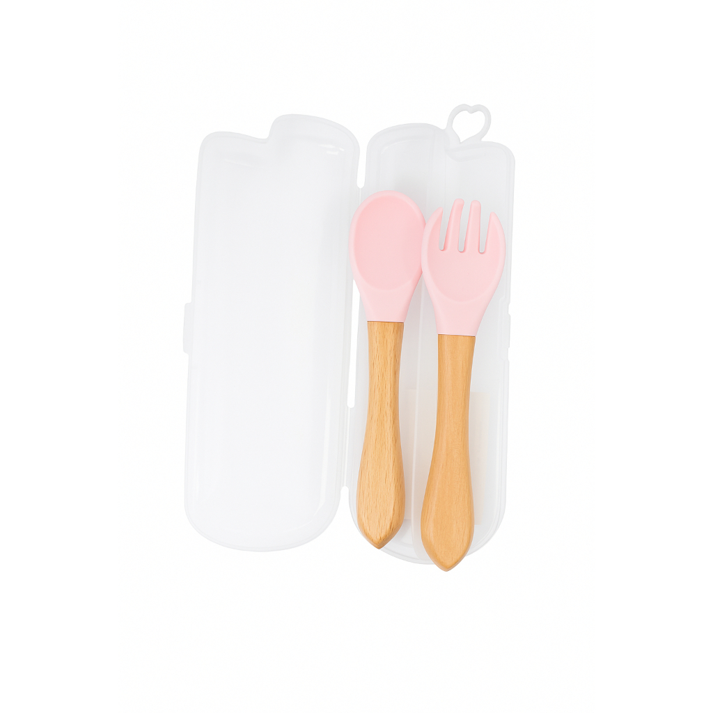 Kit 3 Peças Talheres Infantis de Silicone com Cabo de Bambu - Bebê  Antiderrapante