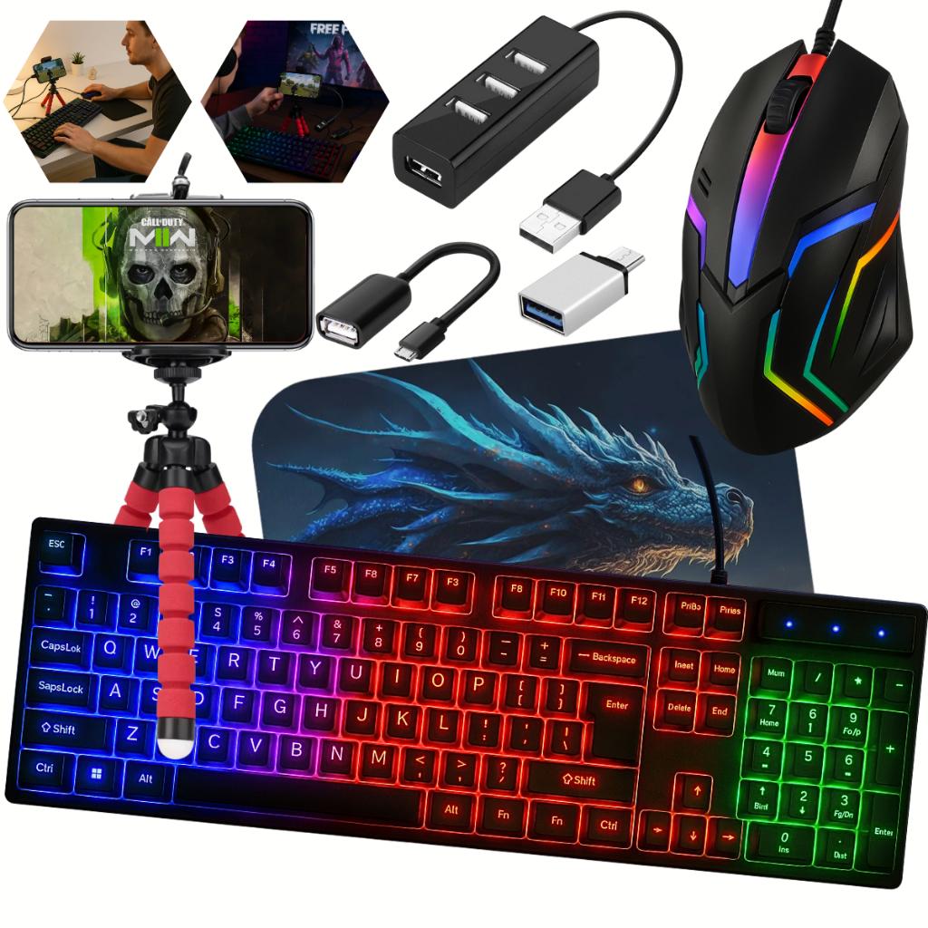 Kit Mobilador Gamer Completo Promoção Para Celular Com Teclado Semi Mecânico Led + Mouse Óptico