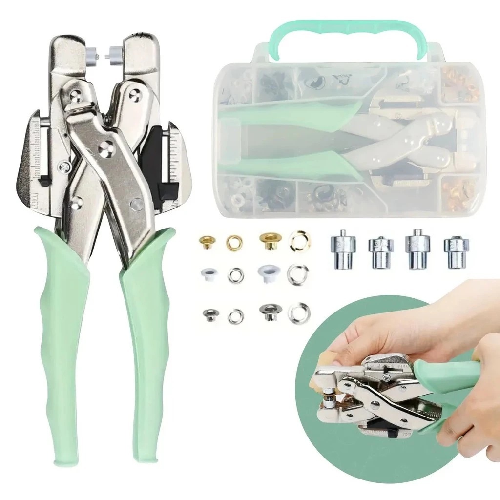 KIT ALICATE PROFISSIONAL: FURADOR E APLICADOR DE ILHOS COM ESTOJO 160 ILHÓS em Oferta na Shopee