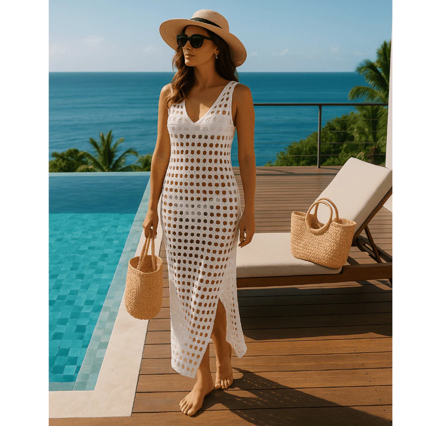 Vestido saída de praia feminino vestido longo de banho crochê chique rendado — imagem 1