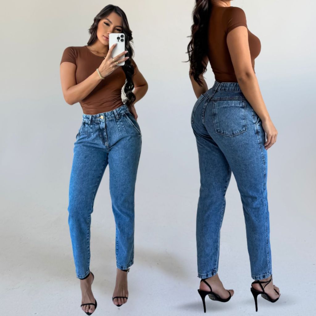 Calça Feminina Jeans Mom Premium Cintura Alta 100% Algodão Lisa Levanta Bumbum