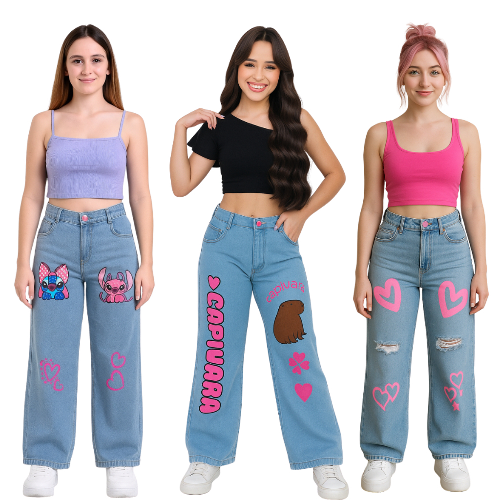 Kit 3 Calças Wide Leg Meninas Infantil e Juvenil Estampada Jeans em Oferta na Shopee