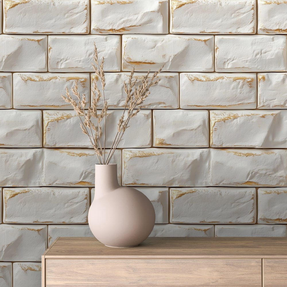 Papel de Parede Autocolante Brick Rustico Liso Tijolinho Dourado Efeito Texturizado 5 Metros