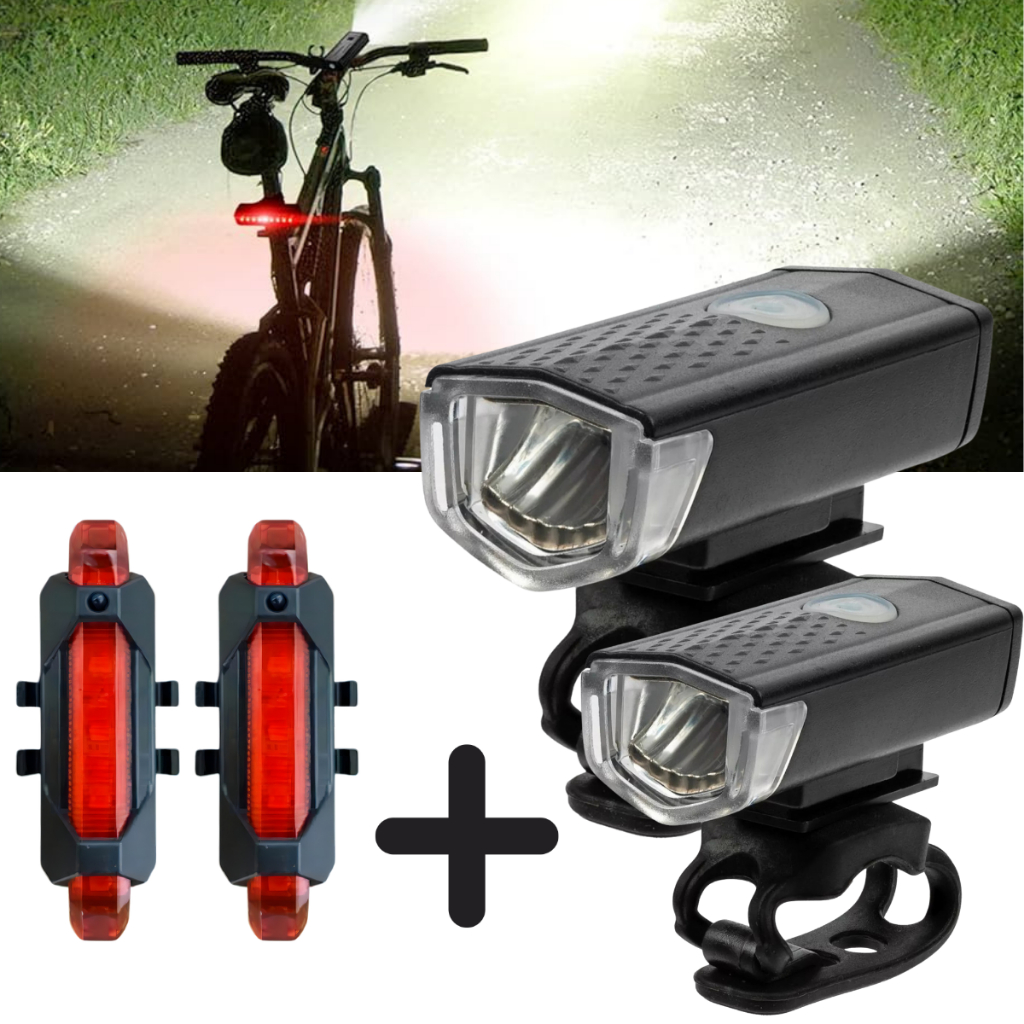 Kit Farol Frontal e Lanterna Traseira Bike LED Recarregável USB à Prova d'Água 3 Modos de Iluminação
