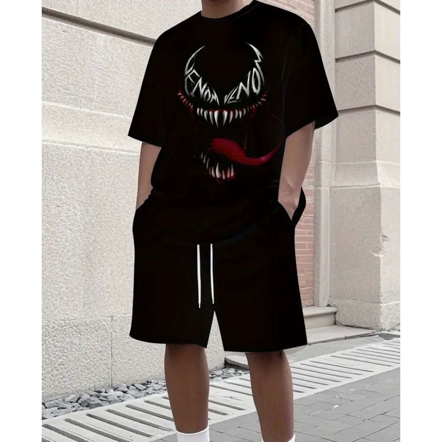 Conjunto Camiseta\Bermuda Estampa Venom Estilo Alternativo Confortavél e Moderno