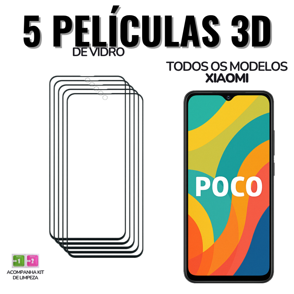 Escolha 5 Película Xiaomi Poco de Vidro 3D Modelos: C50 C51 C61 F6 F3 F5 M2 M3 M6 X5 X6 PRO PLUS