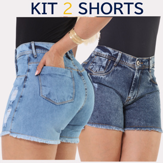 Kit 2 Shorts Jeans Feminino Cintura Alta Barra Desfiada  Lavagens Diferentes em Oferta na Shopee