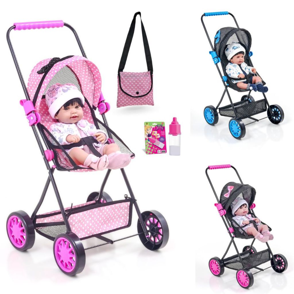 Carrinho de Boneca Baby Sag Infantil Rosa Coração Novidade Menina Reborn Bolsa Leite Mamadeira Mágic