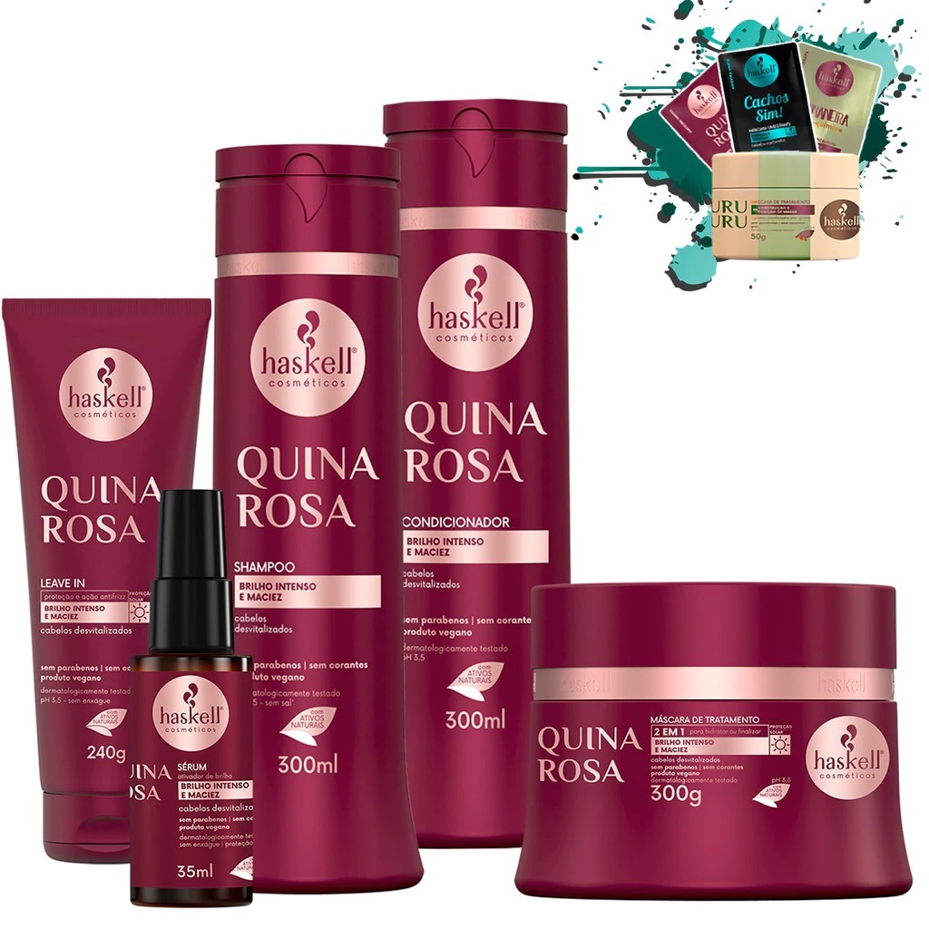 Shampoo Condicionador e Máscara 300ml/gr + Leave in 240gr + Serum 35ml Quina Rosa Haskell