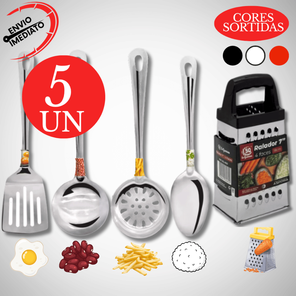 Ralador Inox Escumadeira Colher Arroz + Espatula Concha  Kit Utensilio Inox Cozinha Utilidades