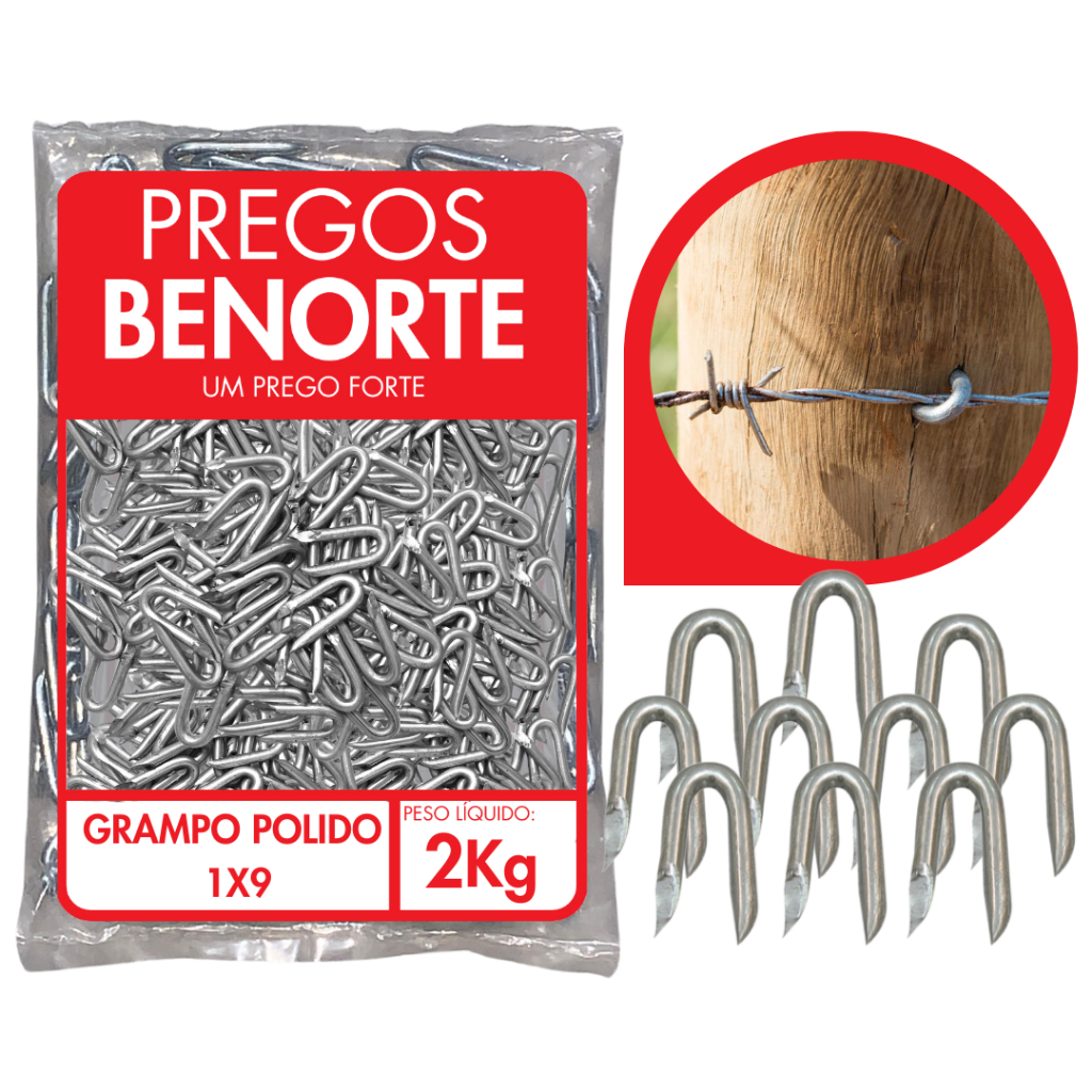 2KG Grampo Para Cerca Arame Farpado Liso Aroeira 1x9 Aço Polido Resistente Benorte 400 Unidades