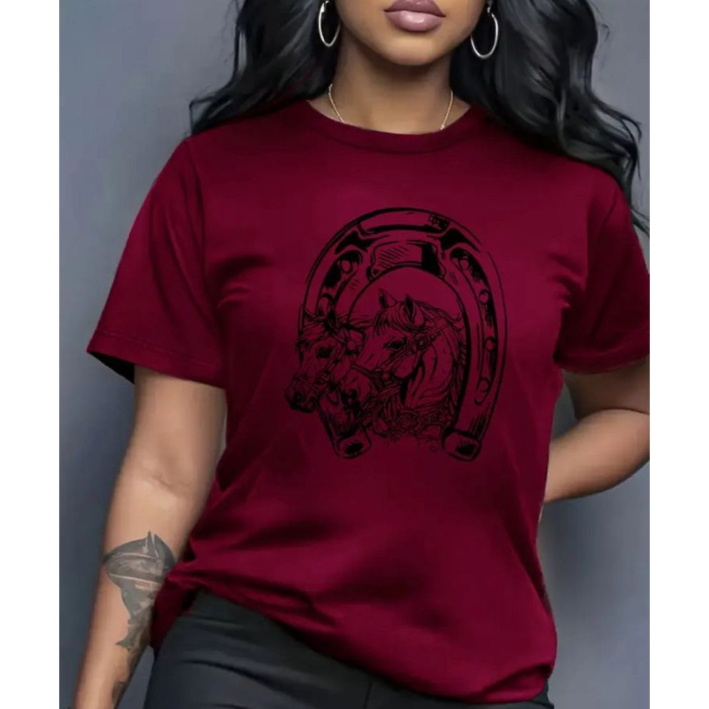 Camiseta Feminina Estampa de Cavalo Ferradura Estilo Country Casual Algodão