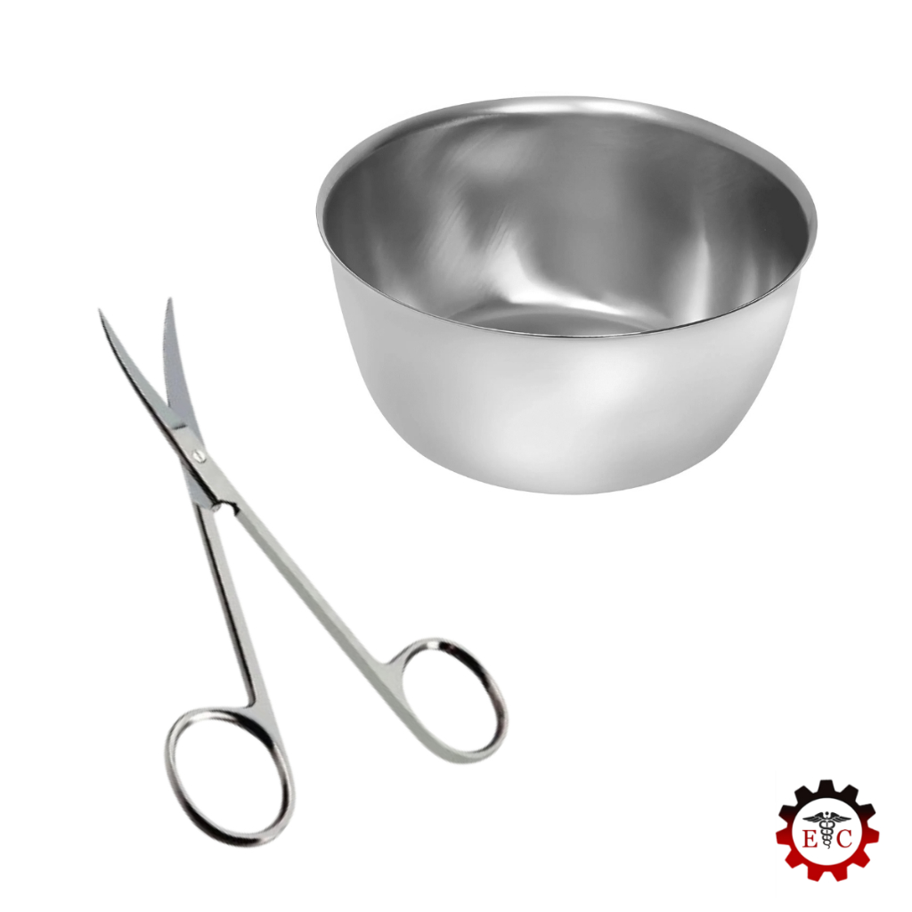 Kit Cuba Redonda Para Assepsia (08 x 04) - 160 ml e Tesoura Íris 12 cm Reta Aço Inox Autoclavável