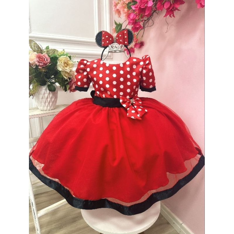 Vestido Infantil Vermelho Bolinhas Minnie Festas Aniversários em Oferta na Shopee