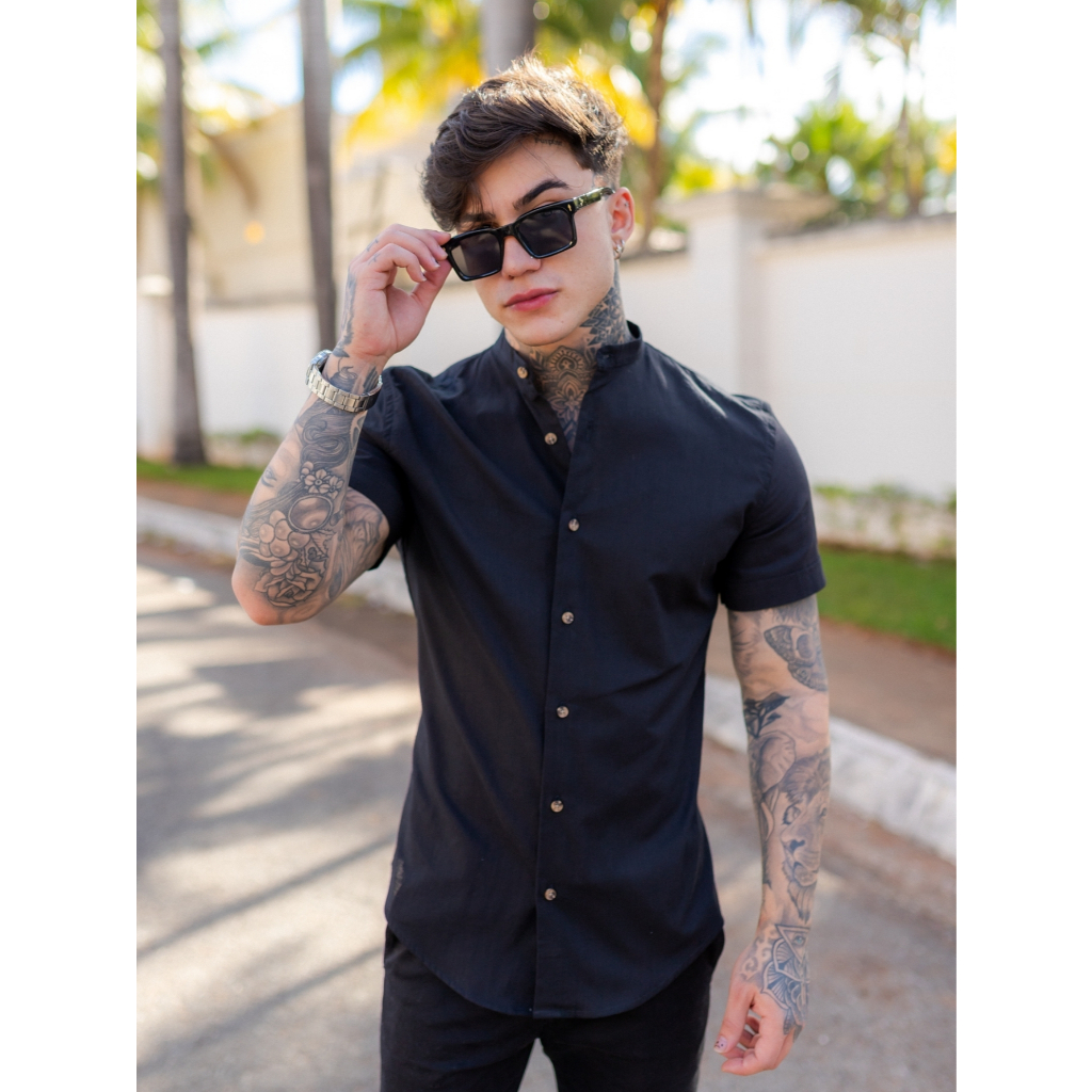Camisa Masculina Gola Padre Manga Curta Estilo Casual com Aspecto de Linho Leve e Elegante em Oferta na Shopee