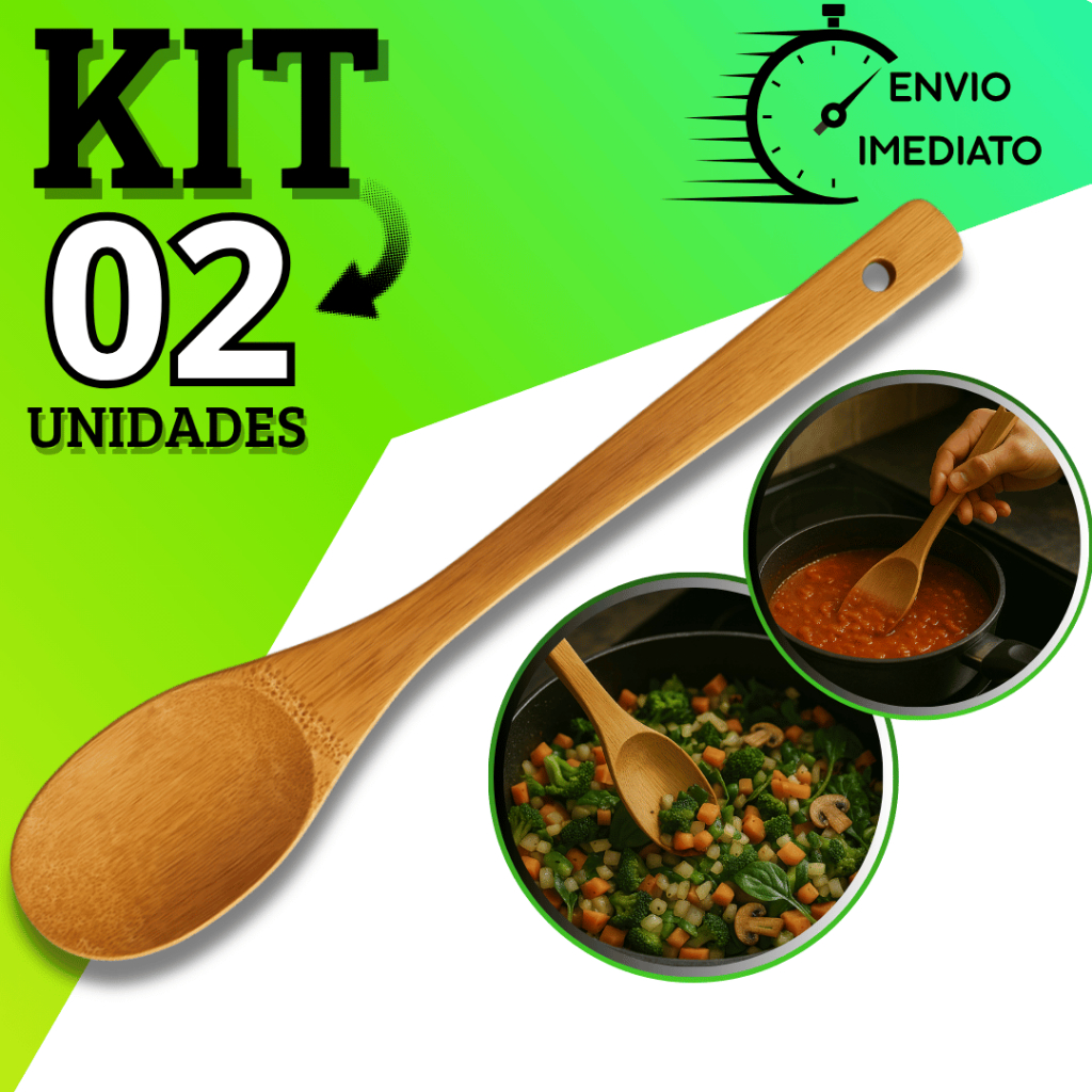 KIT 2 Colher De Bambu Para Cozinhar Madeira Bamboo Media 30cm Para Cozinha Restaurante