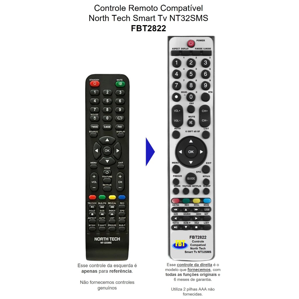 Controle Compatível Com NORTH TECH NT-32SMS TV SMART FBT2822
