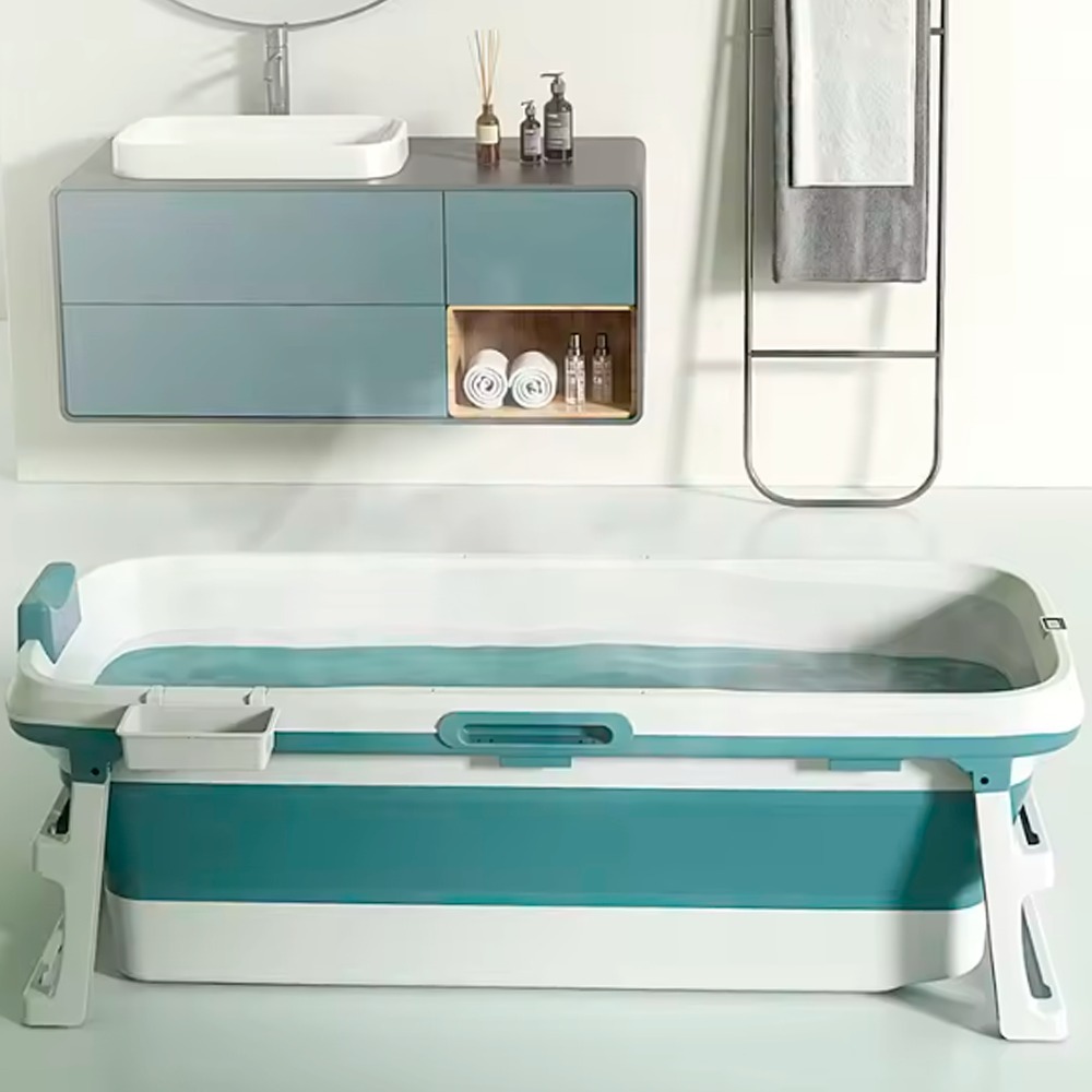 Banheira Dobrável Adulto 180L Retrátil com Tampa, Suporte Antiderrapante e Massageador Pés 132x54x61
