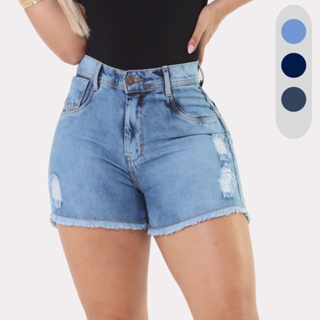 Short Jeans Feminino Cintura Alta Barra Desfiada Modelagem que Valoriza Bumbum em Oferta na Shopee