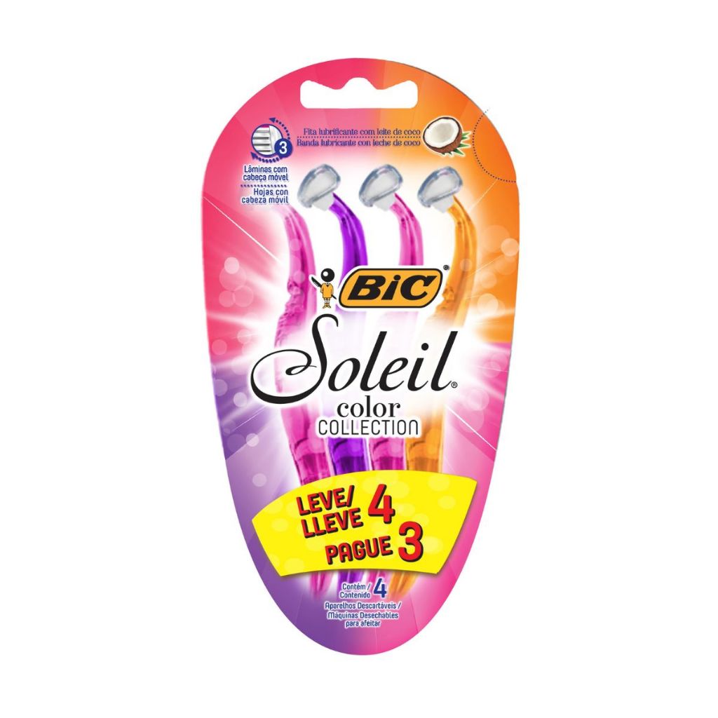 Depilador, Soleil, BIC, Rosa/Roxo/Laranja, 4 Unidades - Beauty